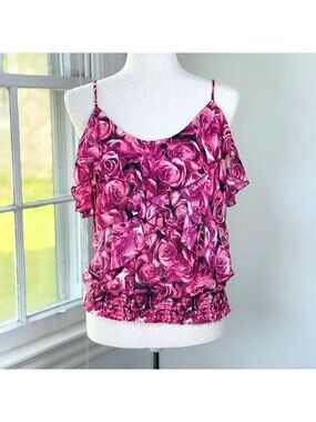 Vintage Y2K Charlotte Russe Pink Floral Milkmaid Ruffled Bubble Hem Cami Large